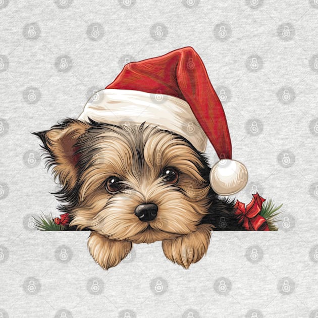 Christmas Peeking Yorkshire Terrier Dog by Chromatic Fusion Studio